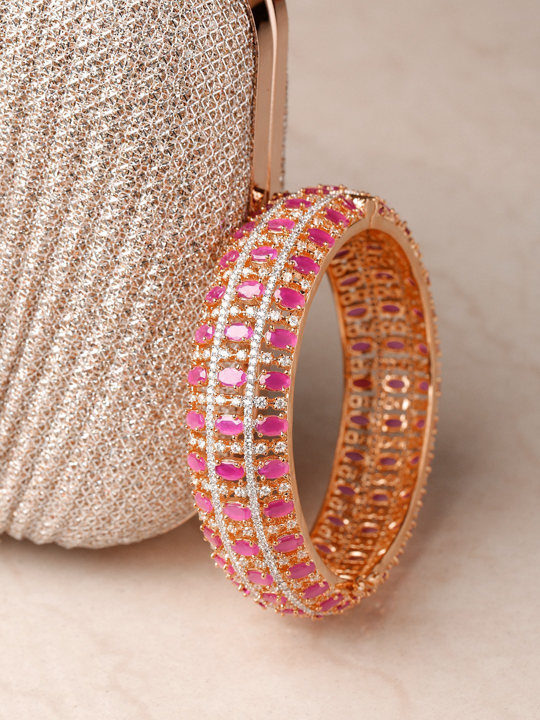 Women's Rose Gold-Plated American Diamond and Ruby Studded Kada Bracelet in Magenta And White Color