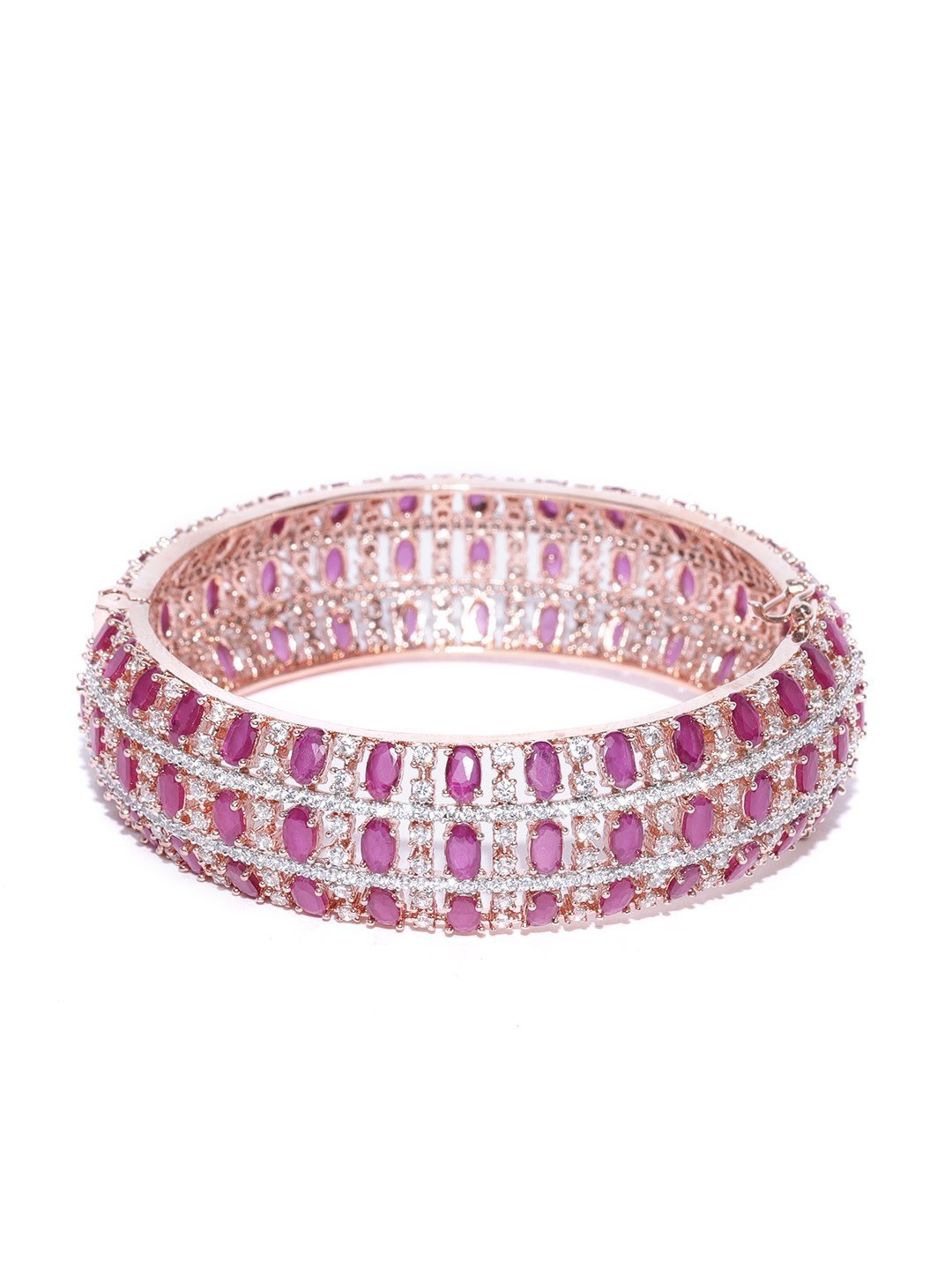 Women's Rose Gold-Plated American Diamond and Ruby Studded Kada Bracelet in Magenta And White Color