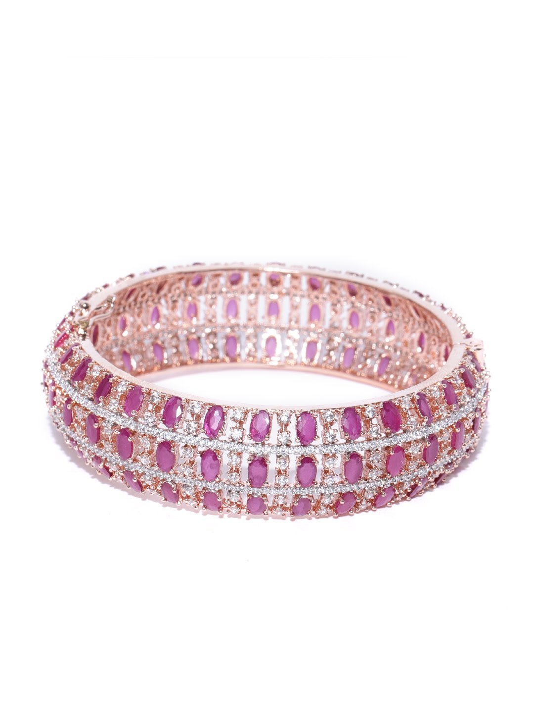 Women's Rose Gold-Plated American Diamond and Ruby Studded Kada Bracelet in Magenta And White Color