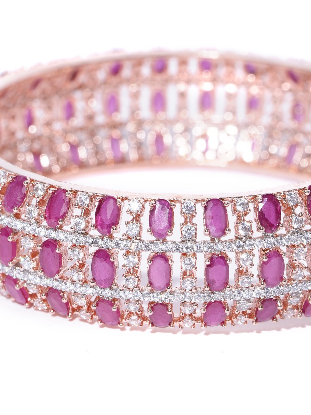 Women's Rose Gold-Plated American Diamond and Ruby Studded Kada Bracelet in Magenta And White Color