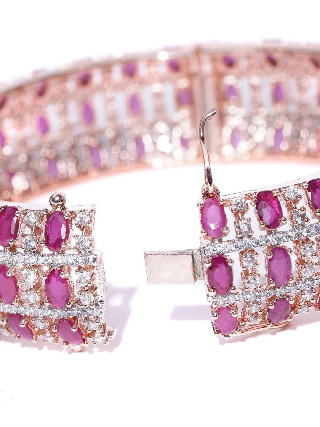 Women's Rose Gold-Plated American Diamond and Ruby Studded Kada Bracelet in Magenta And White Color
