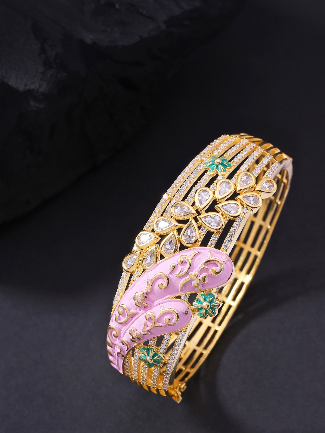 Women's Gold-Plated American Diamond Studded, Meenakari Kada Bracelet in Pink and Green Color