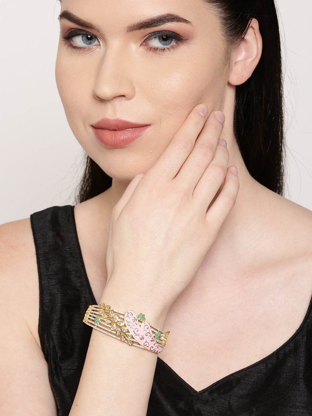 Women's Gold-Plated American Diamond Studded, Meenakari Kada Bracelet in Pink and Green Color