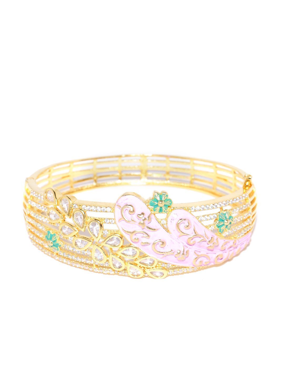 Women's Gold-Plated American Diamond Studded, Meenakari Kada Bracelet in Pink and Green Color