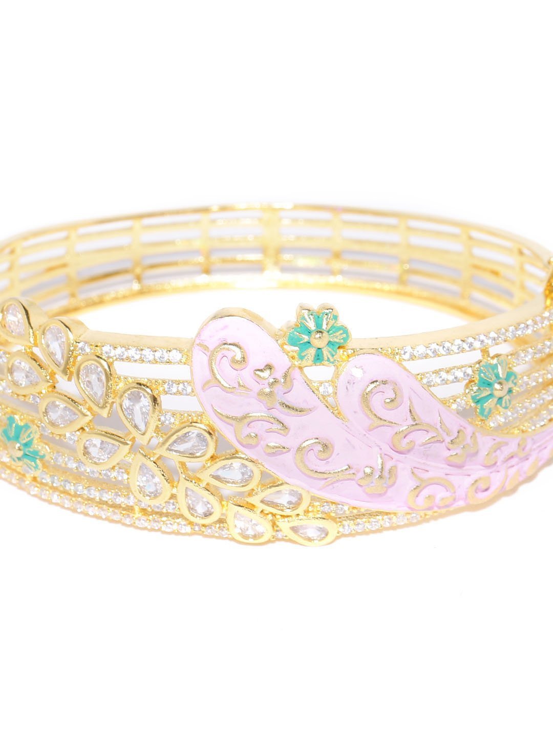 Women's Gold-Plated American Diamond Studded, Meenakari Kada Bracelet in Pink and Green Color