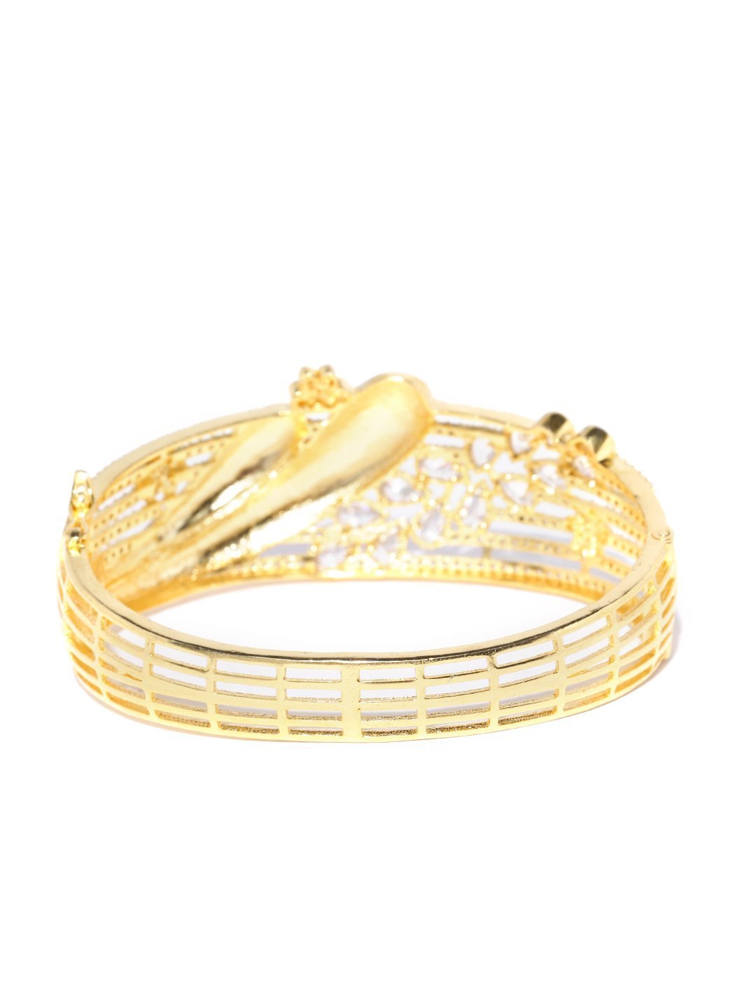 Women's Gold-Plated American Diamond Studded, Meenakari Kada Bracelet in Pink and Green Color