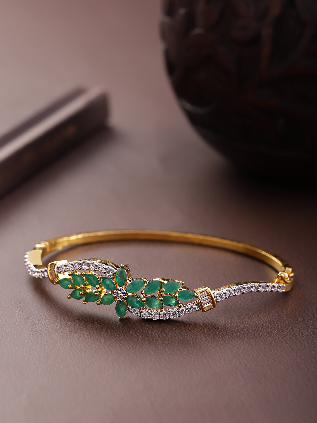 Women's Gold-Plated American Diamond and Emerald Studded, Floral Patterned Bracelet in Green Color