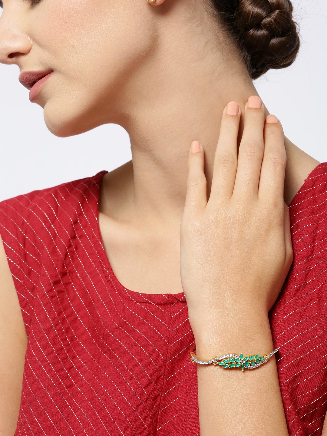 Women's Gold-Plated American Diamond and Emerald Studded, Floral Patterned Bracelet in Green Color