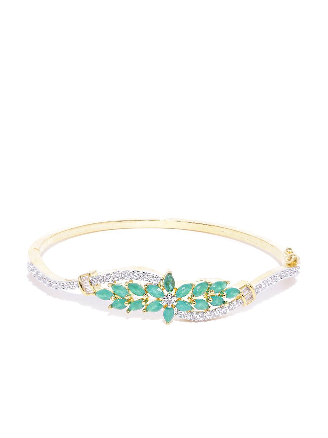 Women's Gold-Plated American Diamond and Emerald Studded, Floral Patterned Bracelet in Green Color