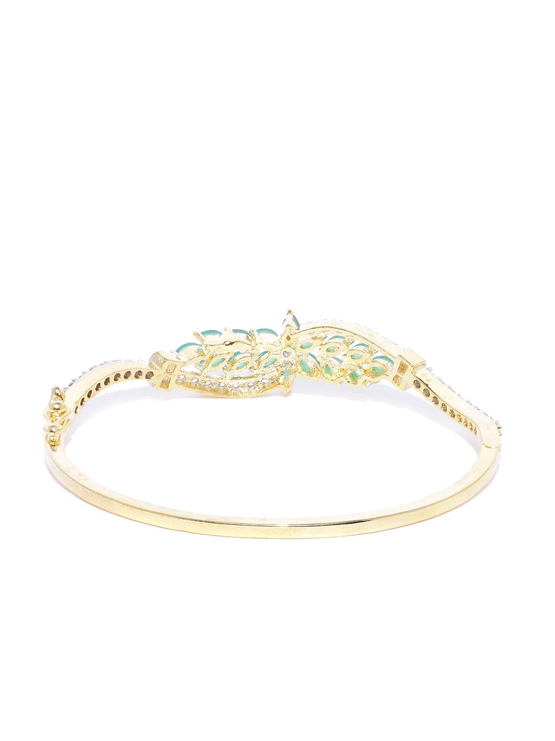 Women's Gold-Plated American Diamond and Emerald Studded, Floral Patterned Bracelet in Green Color