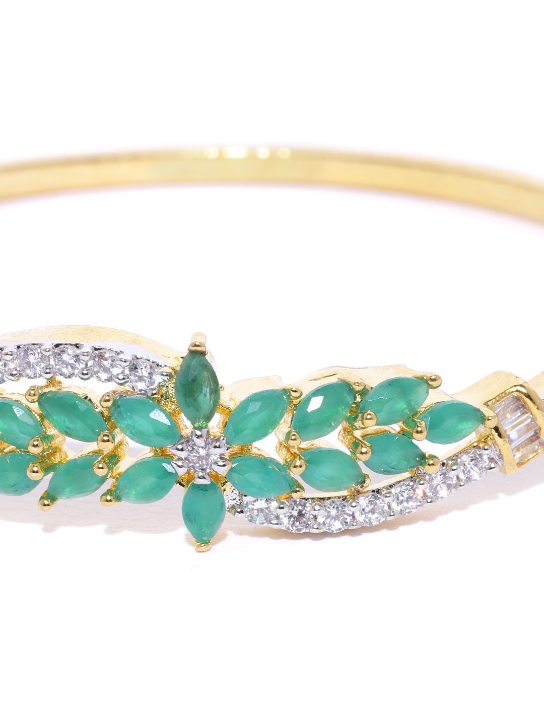 Women's Gold-Plated American Diamond and Emerald Studded, Floral Patterned Bracelet in Green Color