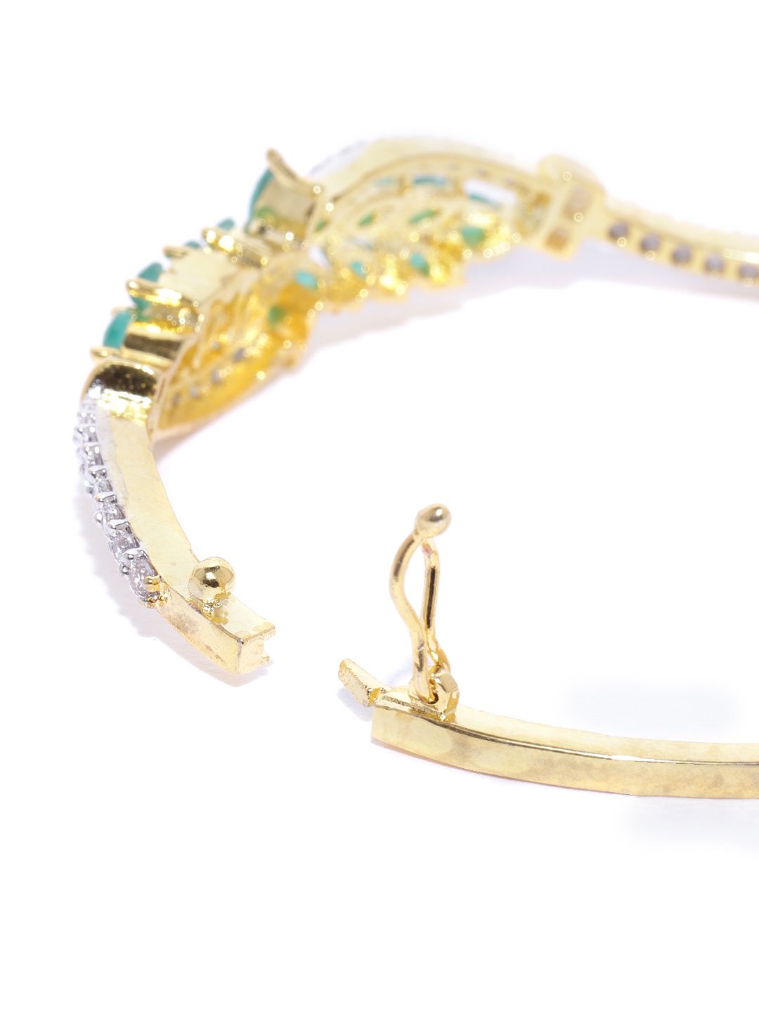 Women's Gold-Plated American Diamond and Emerald Studded, Floral Patterned Bracelet in Green Color