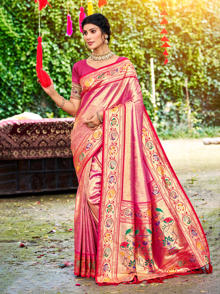 Women's Pink Silk Woven Work Traditional Saree