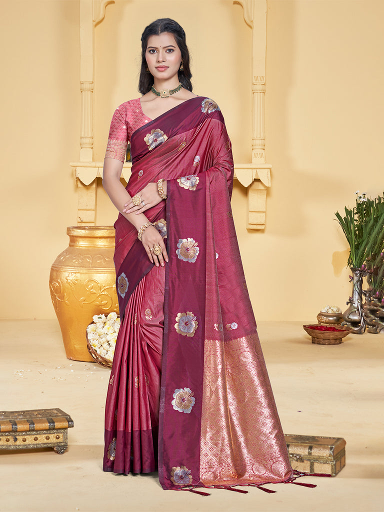 Women's Maroon Silk Woven Work Traditional Saree