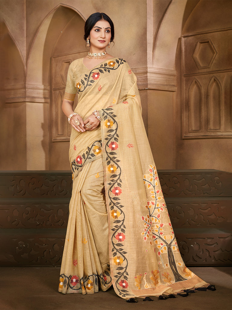 Women's Beige Cotton Silk With Meena Woven Work Traditional Saree
