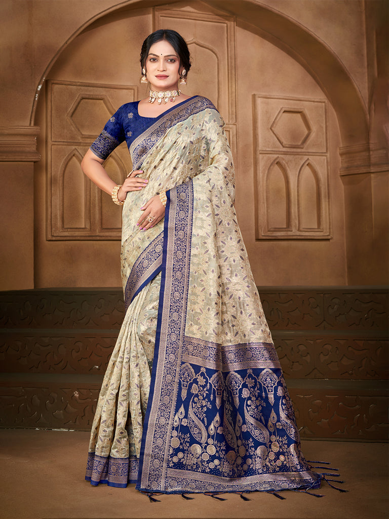 Women's Off-White Silk Woven Work Traditional Saree