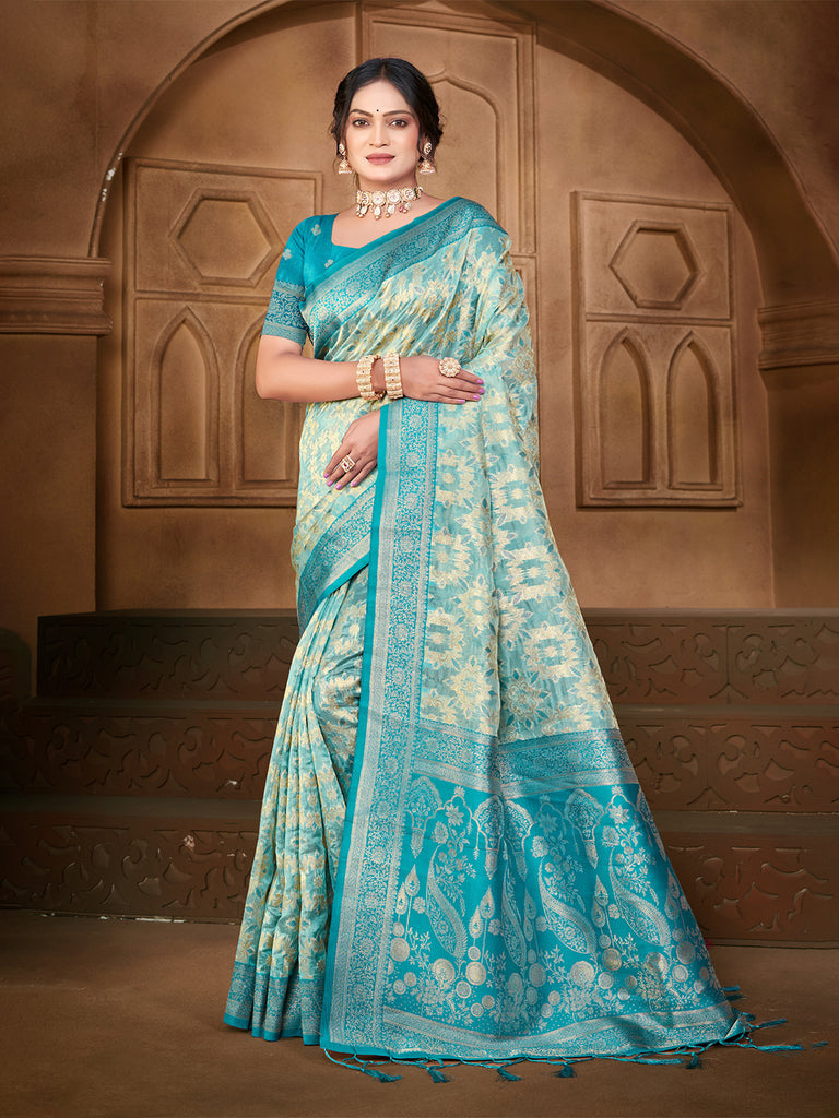 Women's Light Blue Silk Woven Work Traditional Saree