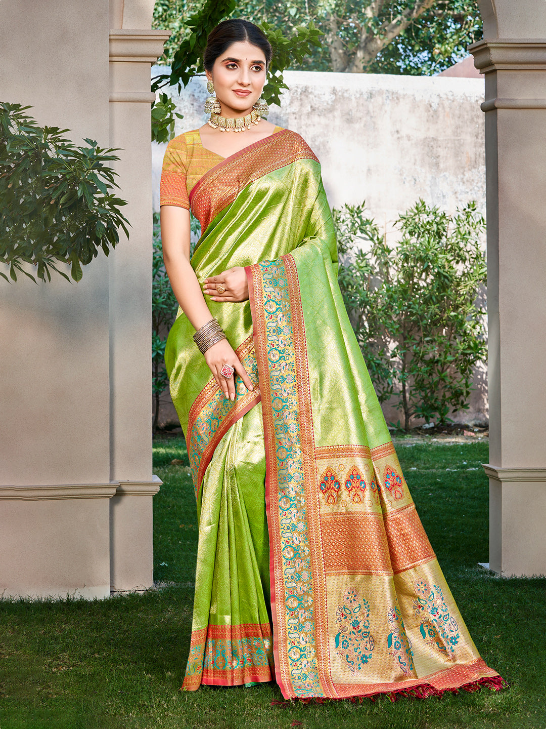 Women's Green Kanjivaram Silk Woven Work Traditional Saree