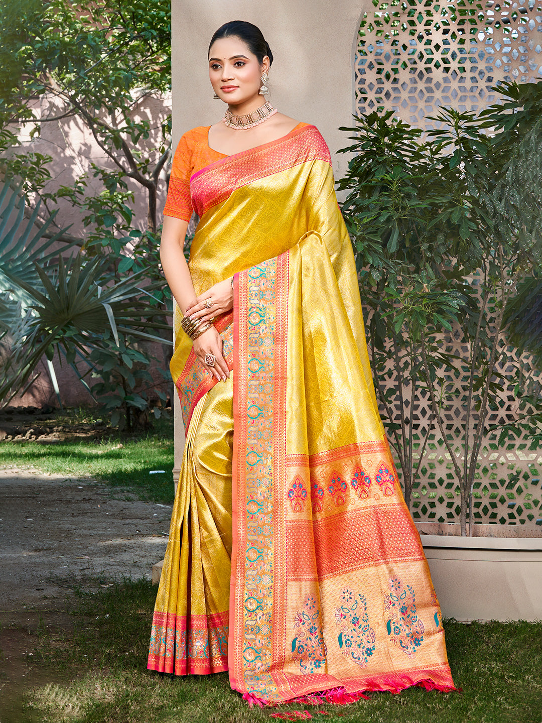 Women's Yellow Kanjivaram Silk Woven Work Traditional Saree
