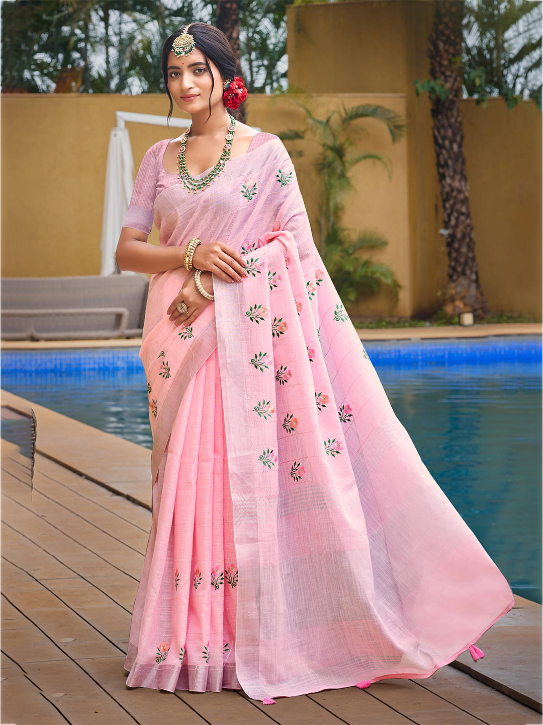Women's Light Pink Linen Woven Work Traditional Saree