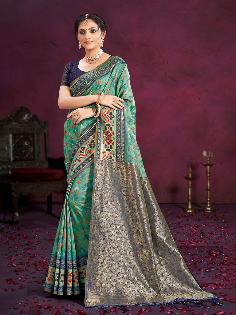 Women's Teal Green Cotton Silk With Meena Woven Work Traditional Saree