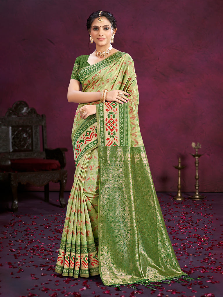 Women's Light Green Cotton Silk With Meena Woven Work Traditional Saree