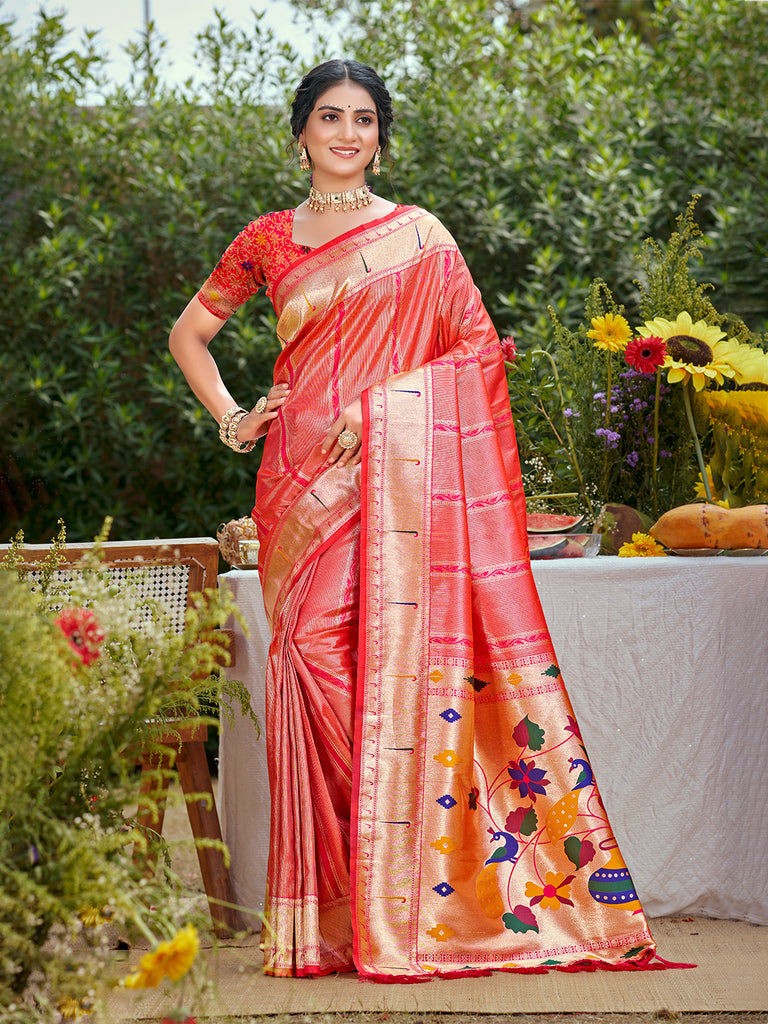 Women's Coral Pink Silk Woven Work Traditional Saree