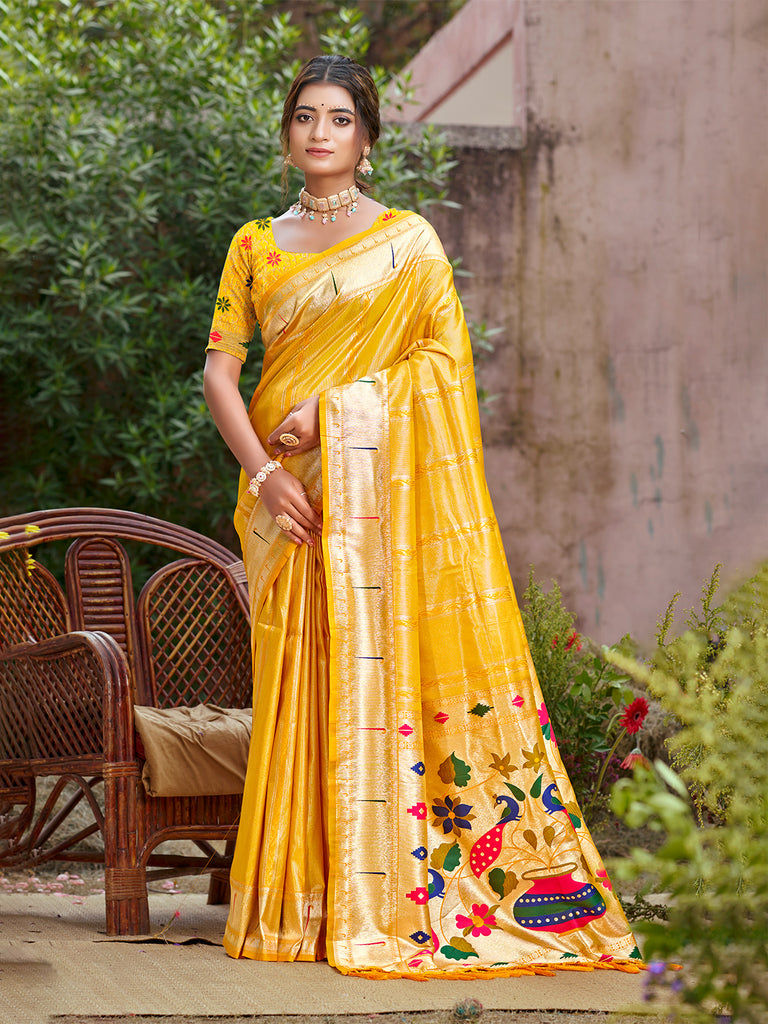Women's Yellow Silk Woven Work Traditional Saree
