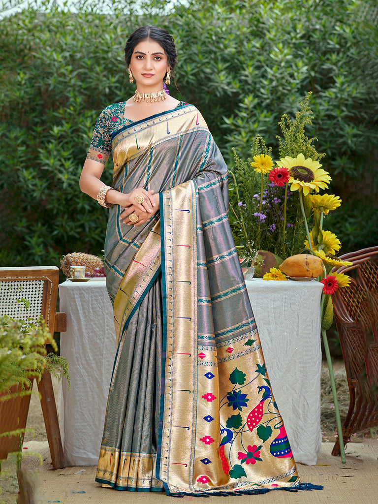 Women's Gray Silk Woven Work Traditional Saree