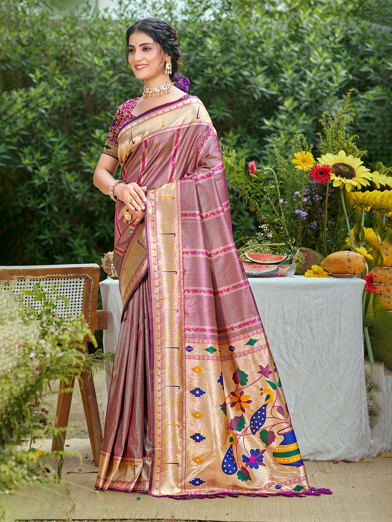 Women's Purple Silk Woven Work Traditional Saree