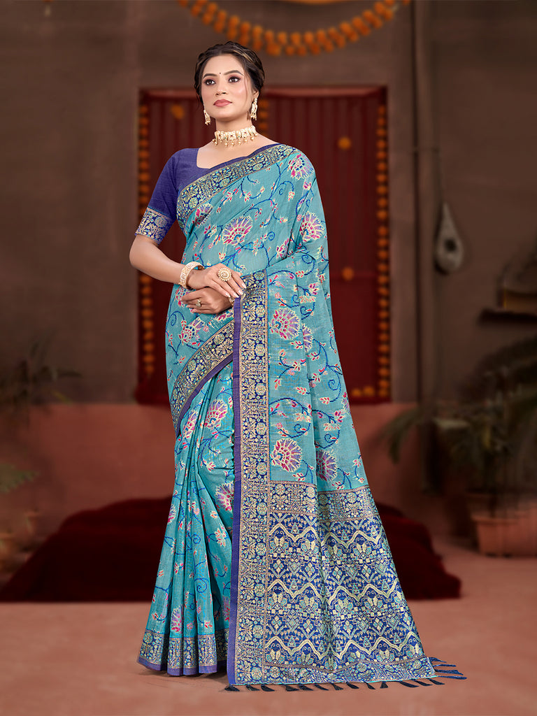 Women's Sky Blue Cotton Silk With Meena Woven Work Traditional Saree