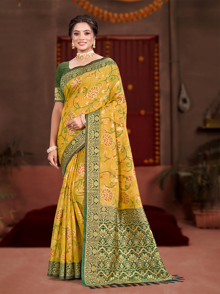 Women's Yellow Cotton Silk With Meena Woven Work Traditional Saree