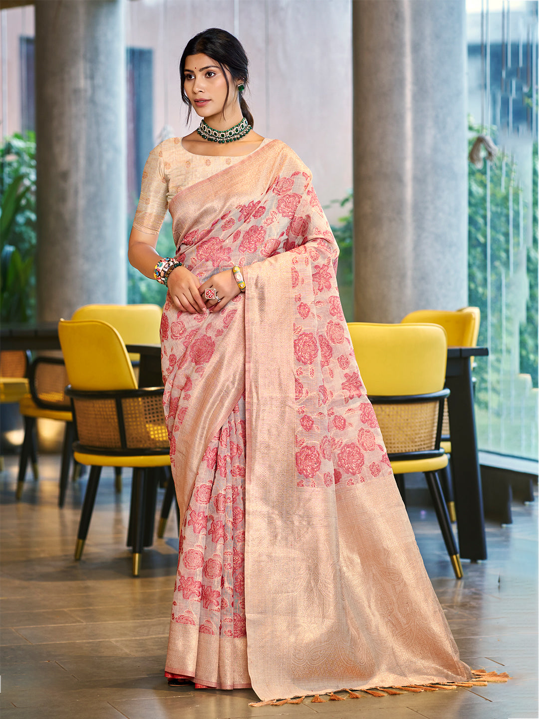 Women's Pastel Pink Cotton Silk Woven Work Traditional Saree