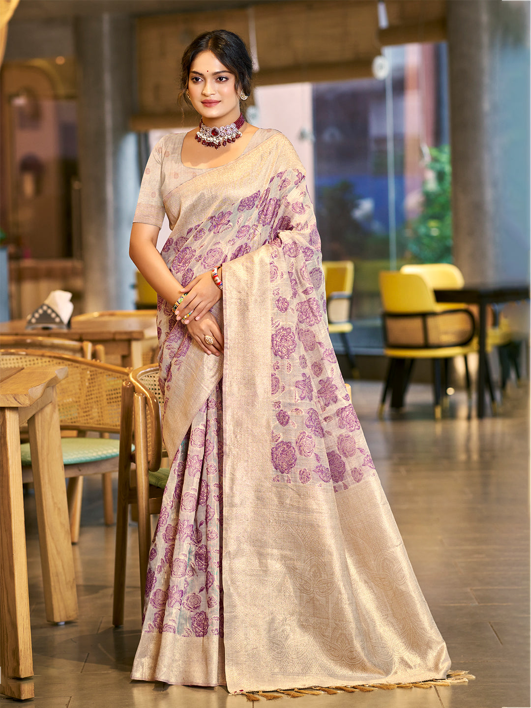 Women's Purple  Cotton Silk Woven Work Traditional Saree