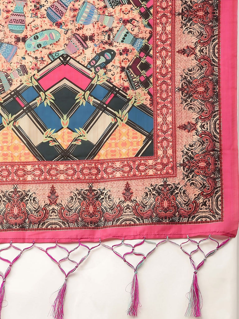 Women's Digital Print Shiney Satin Semistitched Lehenga Choli With Unstitched Blouse And Thred Work Dupatta