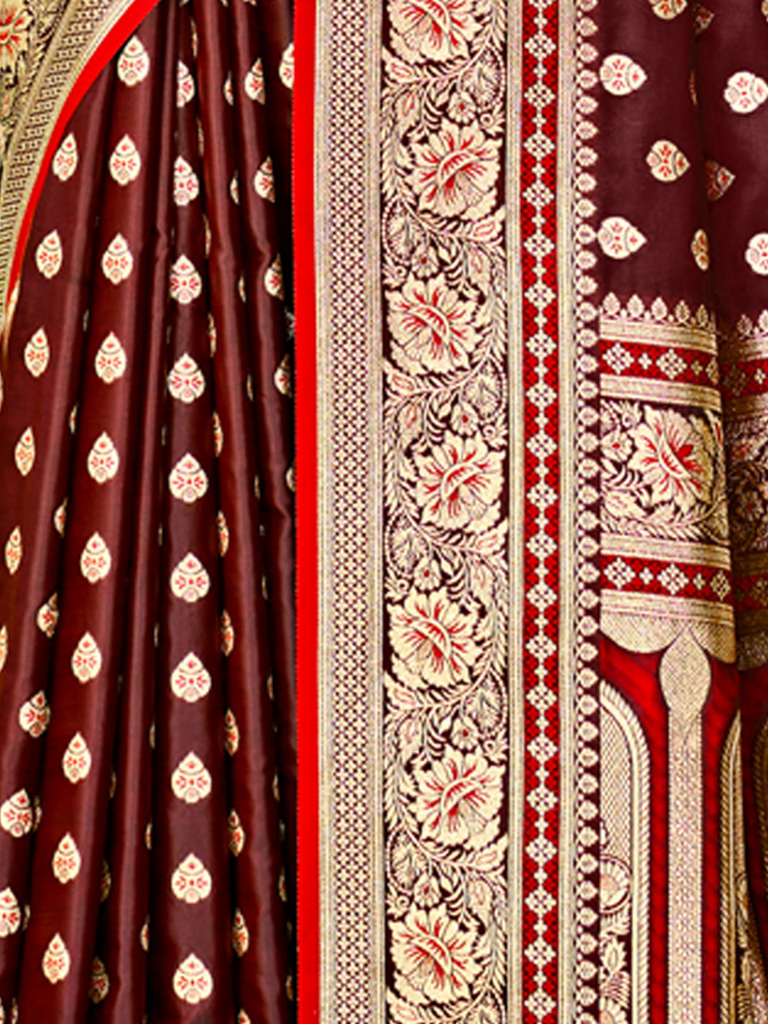 Women's Brown Satin Silk Woven Work Traditional Tassels Saree - Sangam Prints