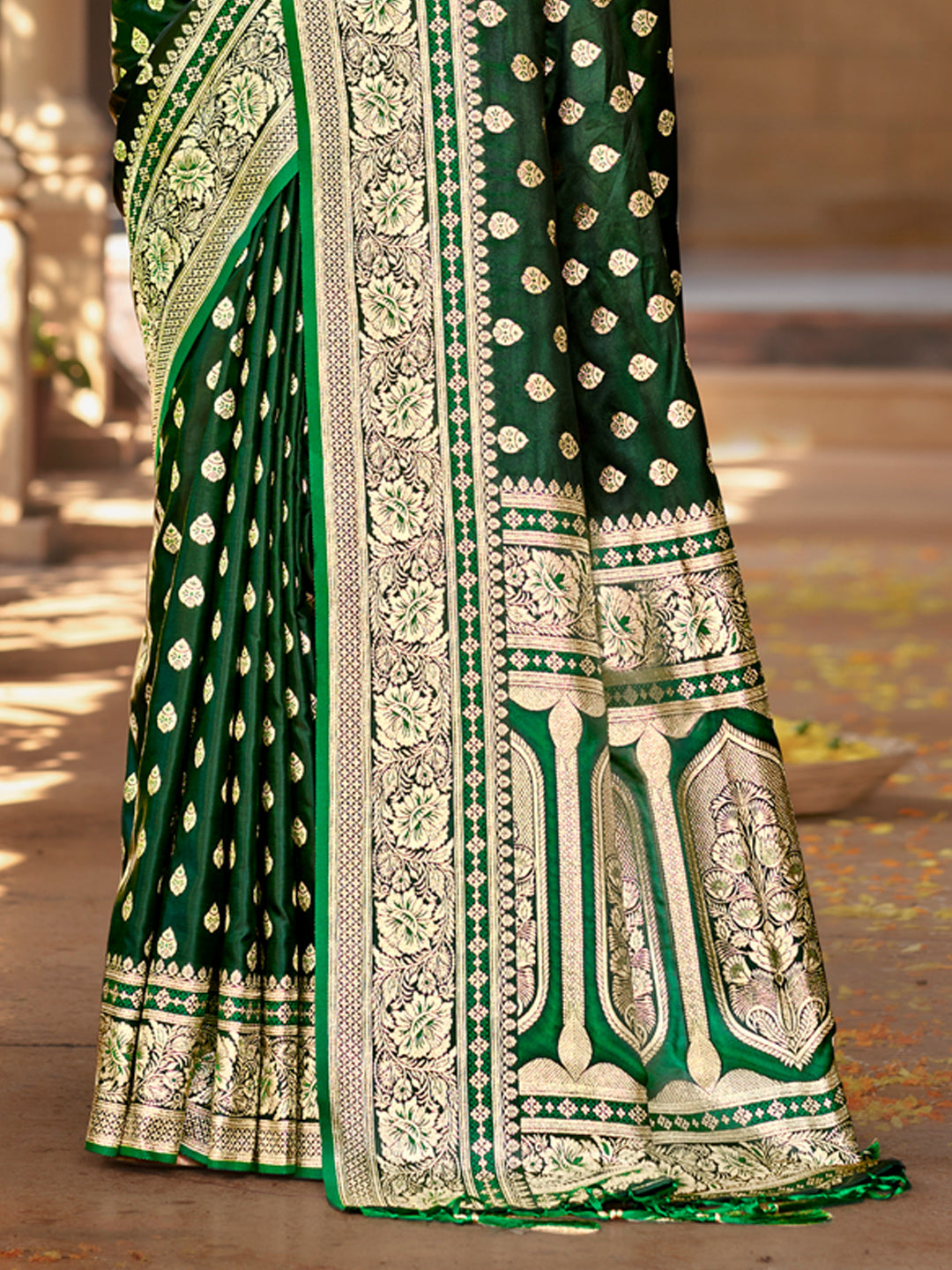 Women's Green Satin Silk Woven Work Traditional Tassels Saree - Sangam Prints