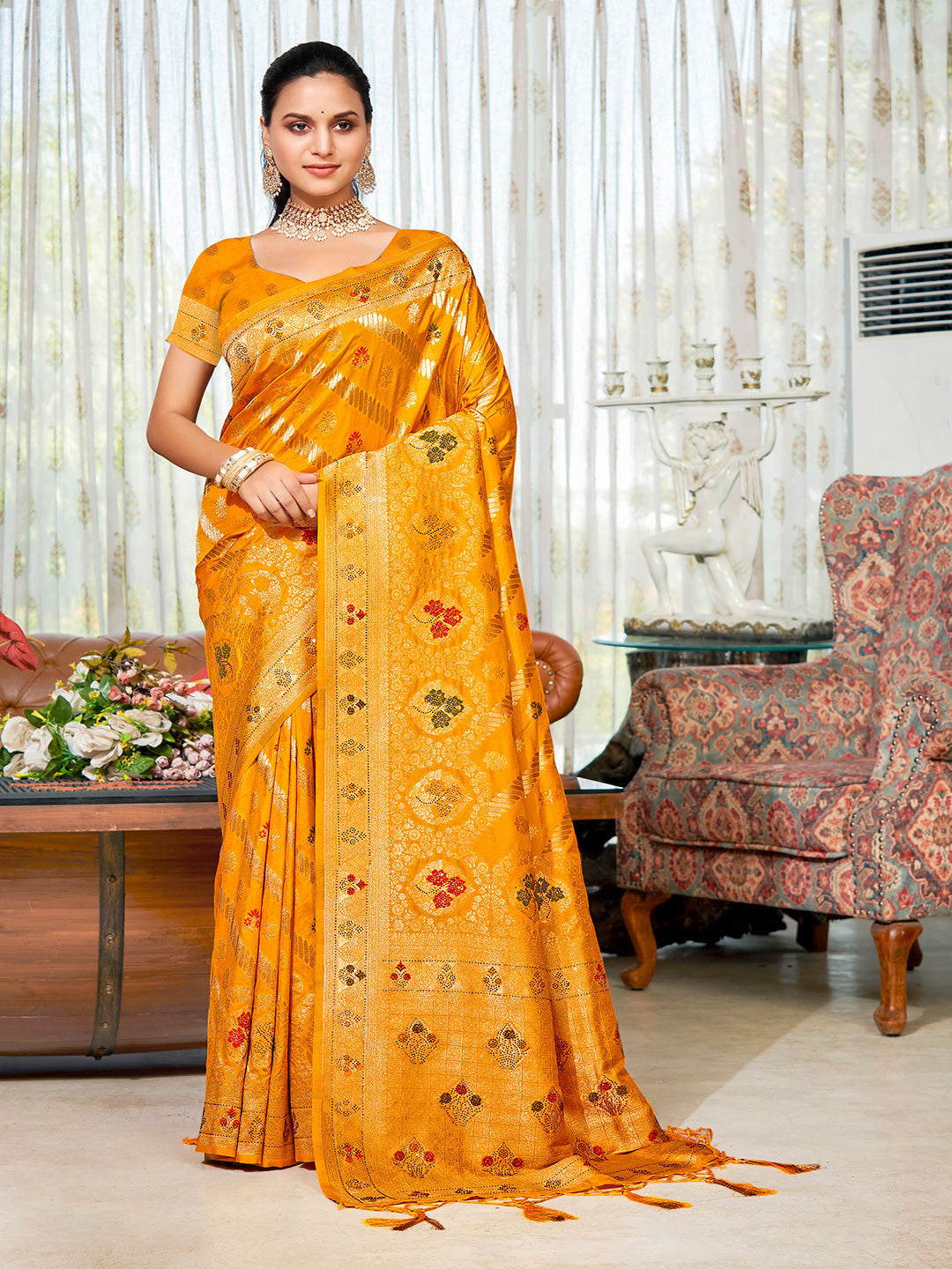 Women's Yellow Silk Woven Work Traditional Saree - Sangam Prints