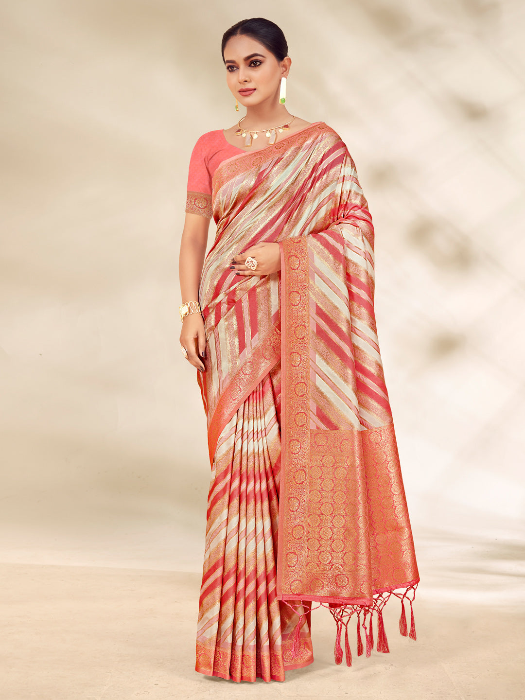 Women's Peach Cotton Thread Work Traditional Tassels Saree - Sangam Prints