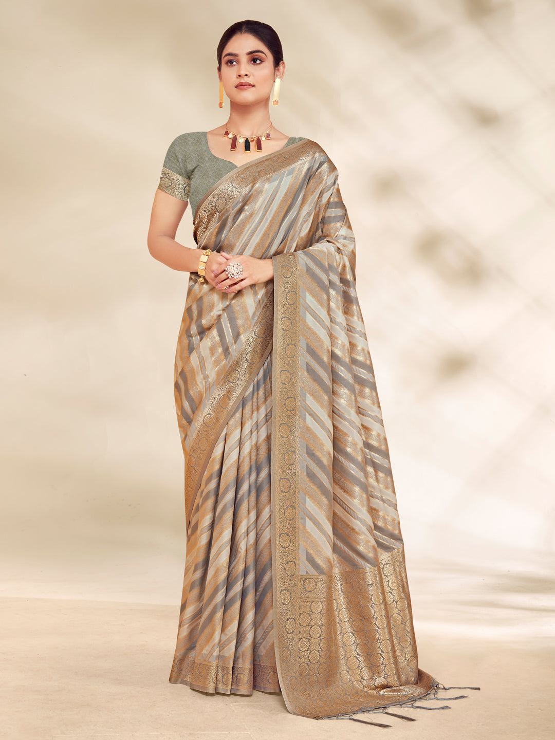 Women's Grey Cotton Thread Work Traditional Tassels Saree - Sangam Prints