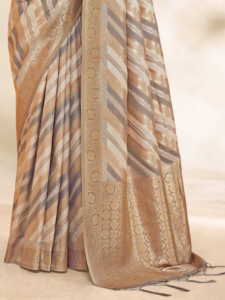 Women's Grey Cotton Thread Work Traditional Tassels Saree