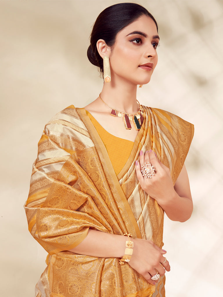 Women's Mustard Cotton Thread Work Traditional Tassels Saree