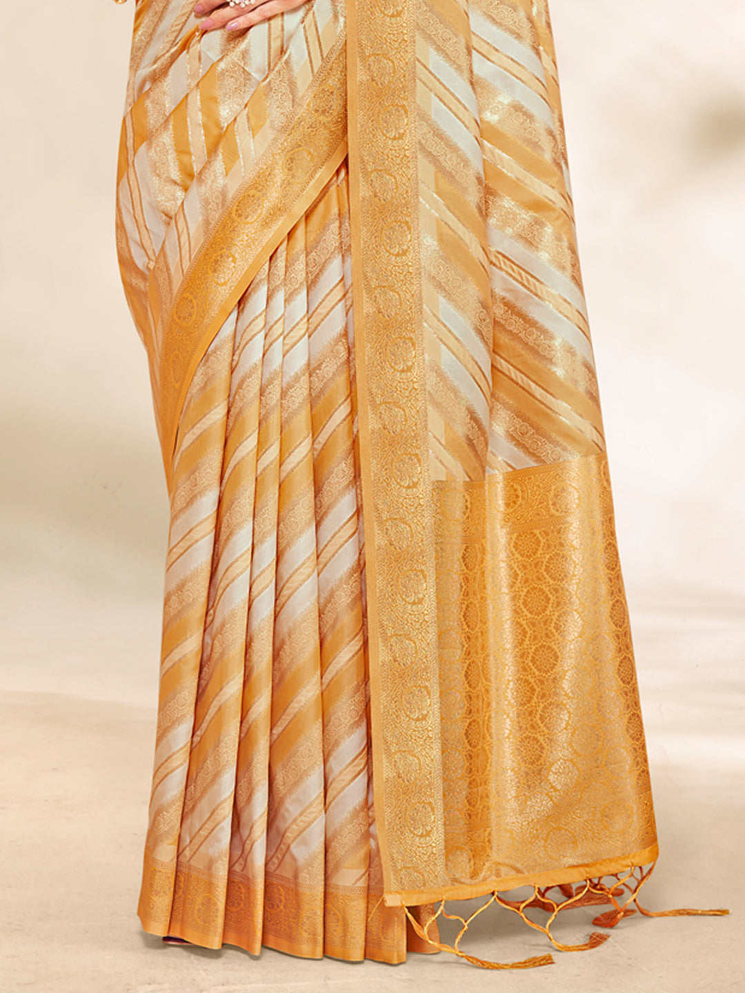 Women's Mustard Cotton Thread Work Traditional Tassels Saree - Sangam Prints