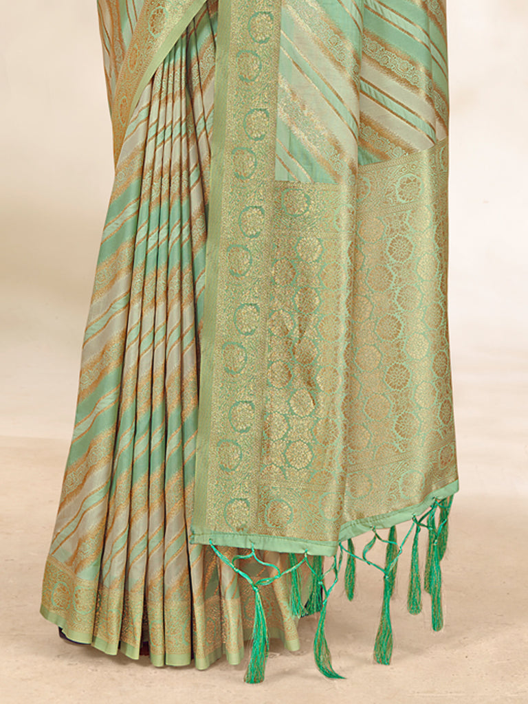 Women's Green Cotton Thread Work Traditional Tassels Saree