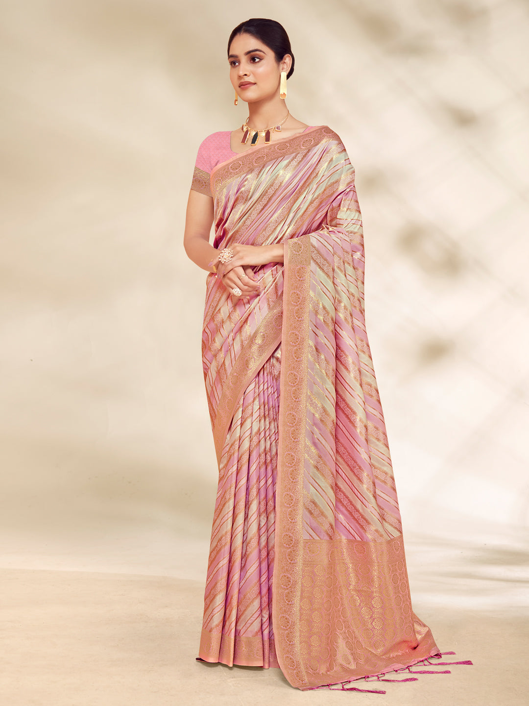 Women's Pink Cotton Thread Work Traditional Tassels Saree - Sangam Prints