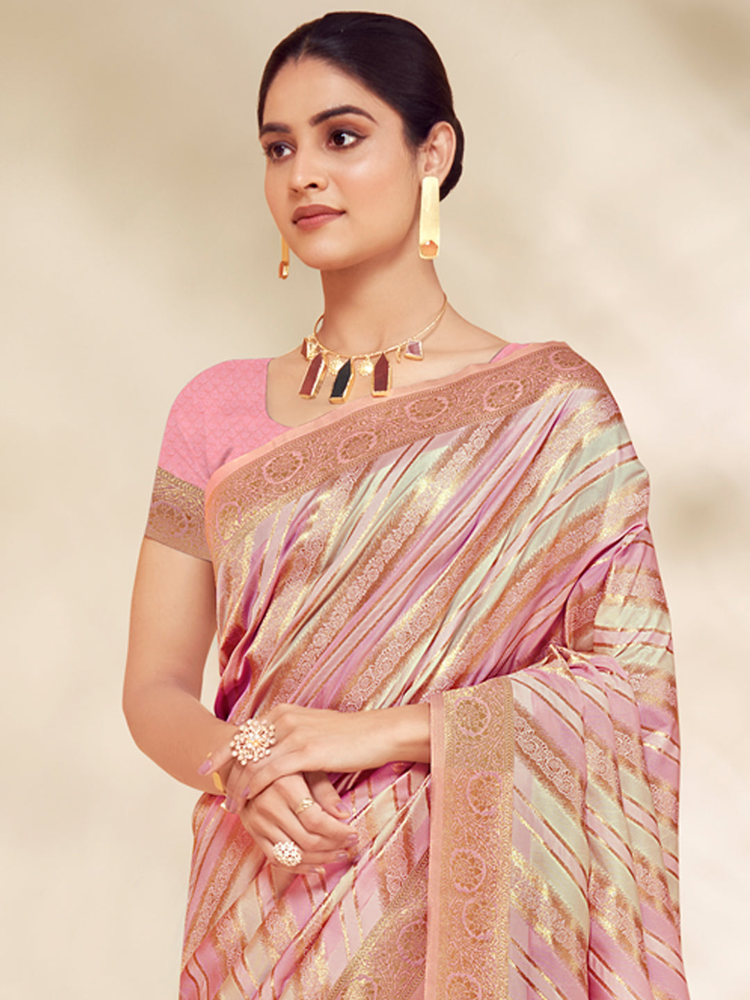 Women's Pink Cotton Thread Work Traditional Tassels Saree - Sangam Prints