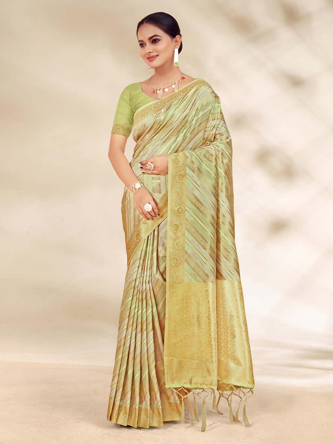 Women's Light Green Cotton Thread Work Traditional Tassels Saree - Sangam Prints