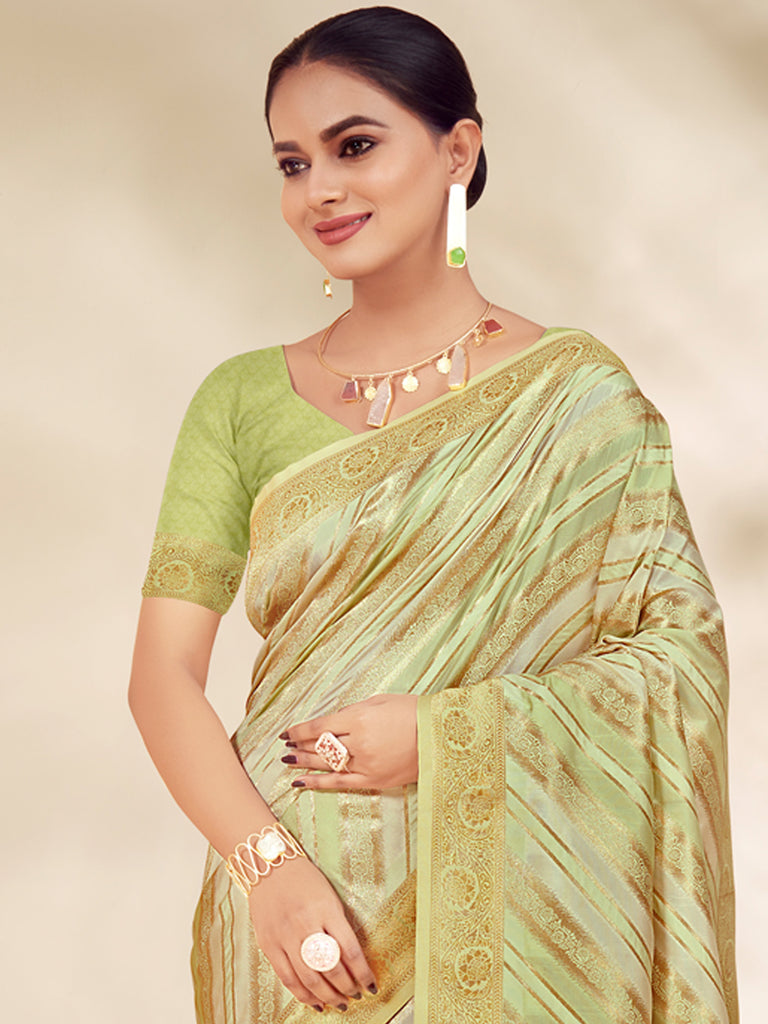 Women's Light Green Cotton Thread Work Traditional Tassels Saree