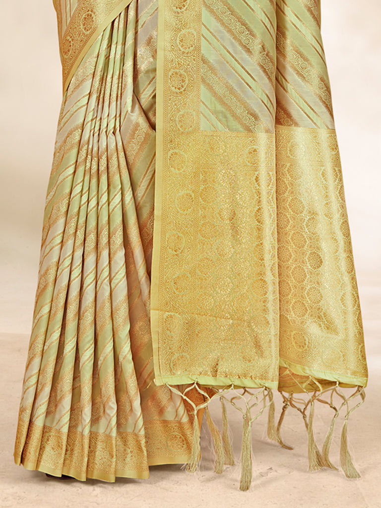 Women's Light Green Cotton Thread Work Traditional Tassels Saree