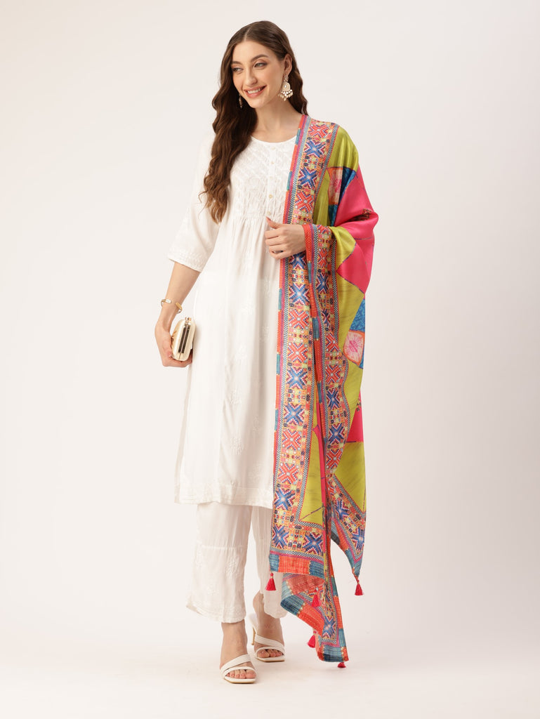 Women's Multi Color Cotton Printed Traditional Tassel Dupatta